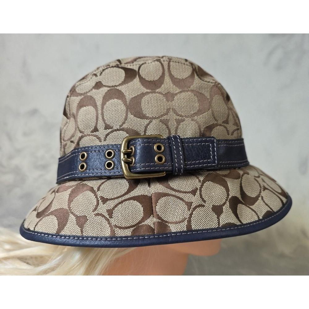 Coach Signature Jacquard Canvas Bucket Hat Brown Leather Band Size S/P - Picture 2 of 13